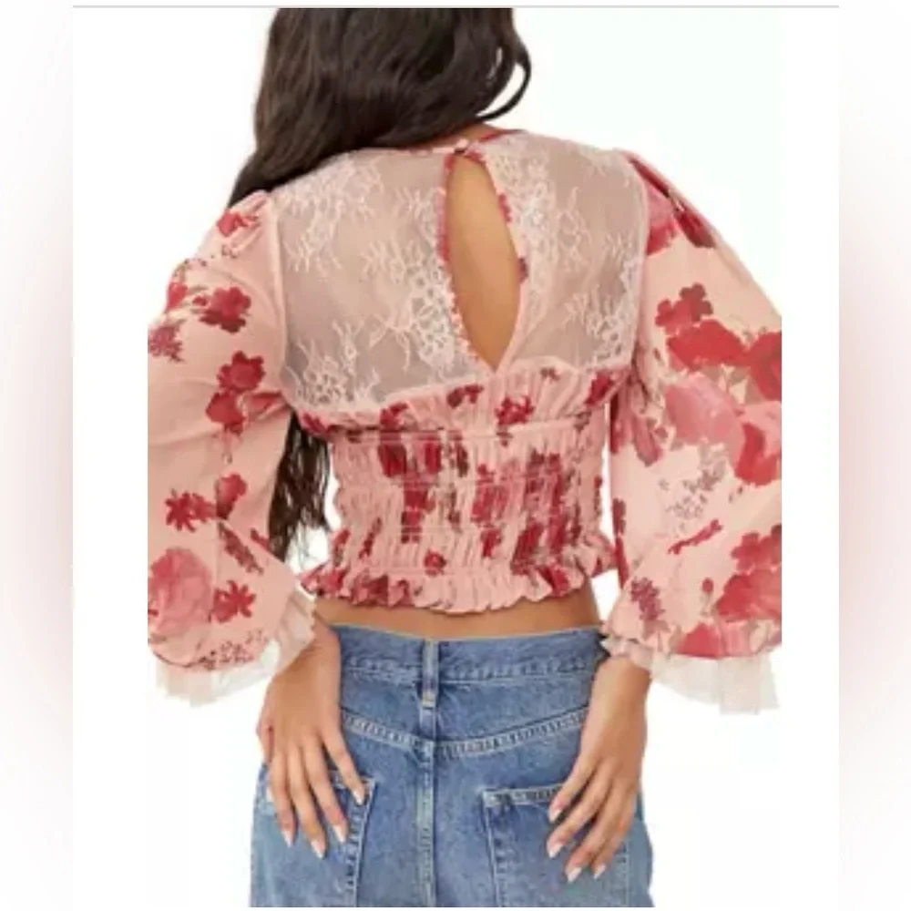 NWT Free People Daphne Romantic Floral Lace Smocked Long Sleeve Blouse Medium ❤️
